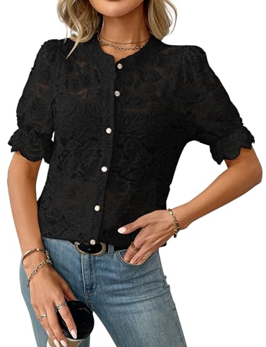 Tshirts élégants dentelle boutonnée femme top été manches courtes léger blanc noir S XL