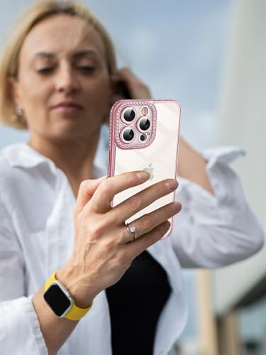 Coque iPhone 16 Pro Max rigide transparente strass roses de qualité supérieure - 7