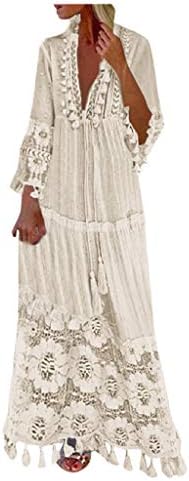 Spring Clothes for Women 2023 Casual Summer Boho Beach Sun Maxi Dress Fashion Long Sleeve Deep V Neck Sexy Lace Fringe Plus Size Party Dress Vestidos Elegantes de Mujer para Fiesta Beige 3XL