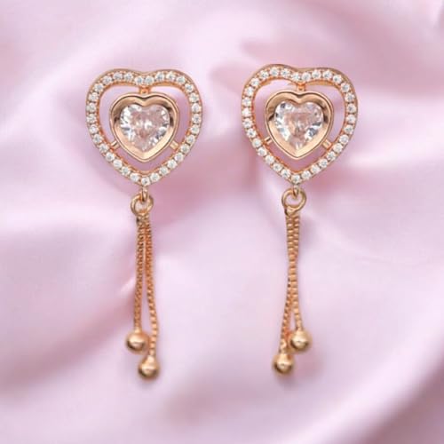Image of Nilus Collection Rose Gold Plated Heart Design Dangling Earrings with American Diamond Stones For Women And Girls | Gift For Her | Rose gold wedding gift |Romantic gift for women