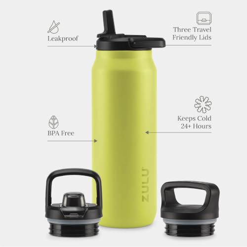 Image of ZULU Base 40oz Stainless Steel Water Bottle with 3 Lids- Straw, Chug, Twist | Double Walled and Vacuum Insulated Metal Thermos | For Gym, Outdoor | Built in Carry Loop, Dishwasher Safe, Guac