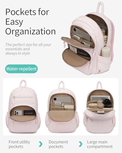 Image of Bookbag for Women, Teen Girls Backpack for High School College Student, Puffer Quilted Back Pack Cute Laptop Backpack 17.3in for Work Travel Mom Casual, Pink