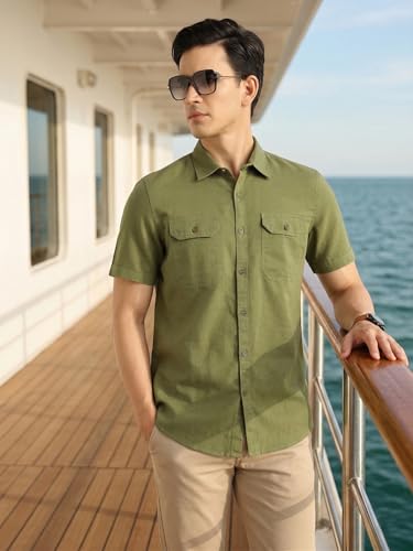 Image of Thomas Scott Men's | Solid | Half Sleeve | Slim Fit | Linen Blend | Double Flap Pocket | Spread Collar | Casual Shirt for Men