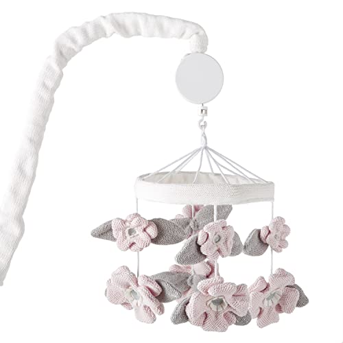 Image of Levtex Baby - Adeline Musical Rotating Baby Crib Mobile - Knitted Flowers - Pink and Grey - Nursery Accessories
