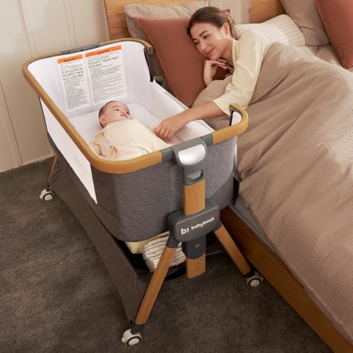 Image of babyboat Baby Bassinet Bedside Sleeper 3 in 1 Portable Crib with Bigger Movable Wheels, Soft Mattress, Storage Basket 5 Height Adjustable Bedside Bassinet for Baby Newborns - Wood Grain