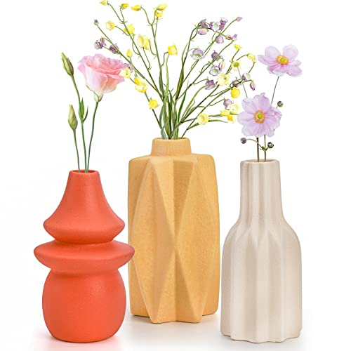 Elsjoy Set Of 3 Ceramic Vase, Decorative Stoneware Flower Vase Modern Geometric Vase, Small Terracotta Bud Vase For Home Decor, Living Room, Table Centerpieces #TOP23
