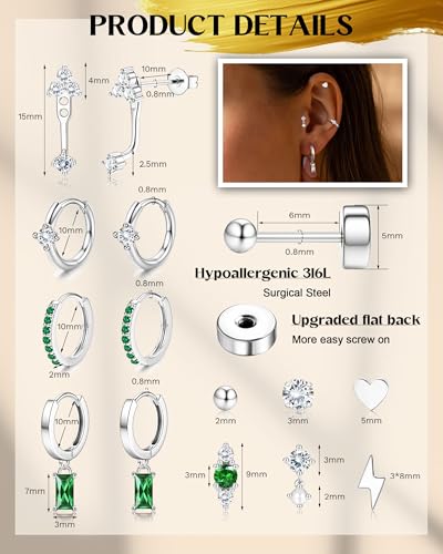 Hypoallergenic Flat Back Earrings Dainty 14k Gold plated Cartilage Earring Sets for Multiple Piercing 20G Surgical Stainless Steel Earrings for Women Trendy Small Hoop Flatback Stud Earrings Stacks2