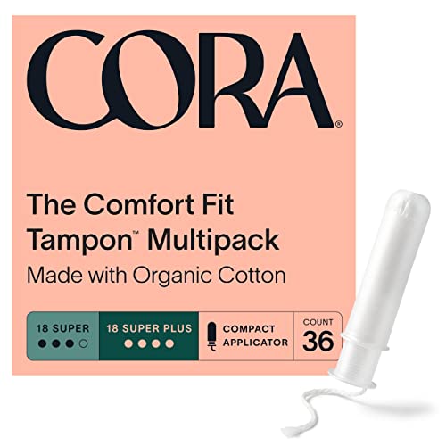 Cora Organic Applicator Tampons | Super/Super Plus Absorbency | 100% Cotton Core, Unscented, BPA-Free Compact Applicator | Leak Protection, Easy Insertion, Non-Toxic | 36 Count