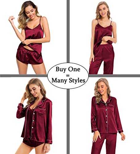 Swomog 4 Pcs Pajama Set Silk Satin Sleepwear Cami Shorts Set Sexy V-Neck Loungewear Wine Red #TOP1