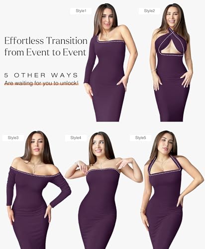 Image of Popilush Long Sleeve Formal Dress with Built in Shapewear Bra Maxi Dress