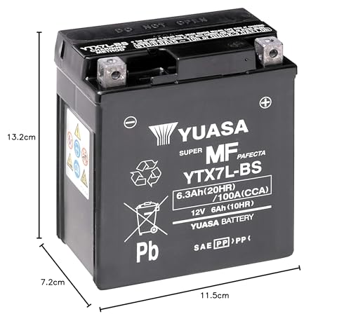 Batería Yuasa YTX7L-BS mostrando dimensiones 13.2 cm x 7.2 cm x 11.5 cm, ideal para motocicletas