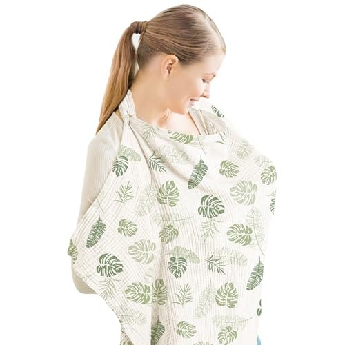 Image of Konssy Muslin Nursing Cover for Baby Breastfeeding, Breathable 100% Cotton Breastfeeding Cover with Rigid Hoop for Mother Nursing Apron, Multi-use Carseat Canopy (Palm Paradise)