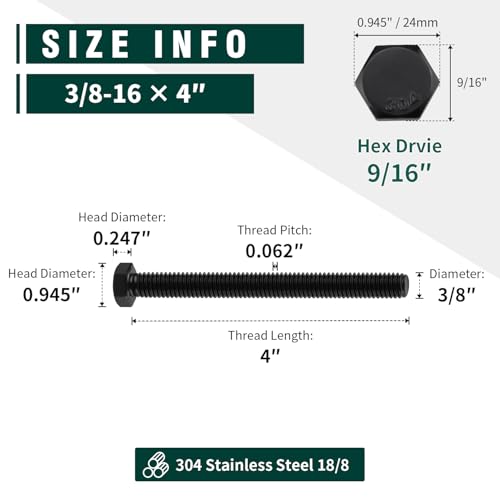 Image of 3 /8-16 x 4 Hex Head Bolts Black, 304 Stainless Steel 18-8 Hexagon Head Screws Bolts, Black Oxide Finish, Allen Hex Drive, 8 PCS