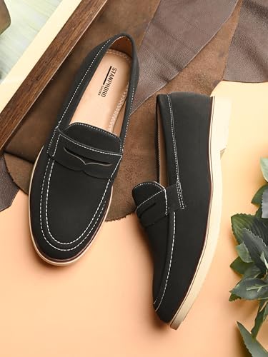 Image of STANPHORD Men Suede Formal Loafer Shoes | Round Toe Slip-On Moccasins | PU Leather Cushioned Anti-Slip | Office Party Business Casual Wear (TPSG 7086)