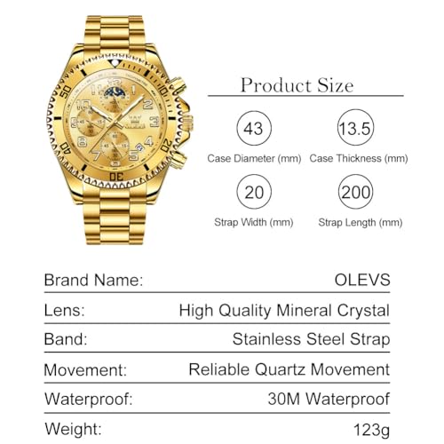 OLEVS Gold Watches Moon Phase Quartz Battery Large Face Watches for Men - image 6