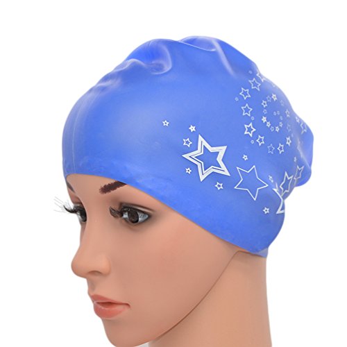 Medifier Damen Badekappe aus elastischem Silikon, für langes Haar, mit Sternen-Aufdruck, Blau Cover
