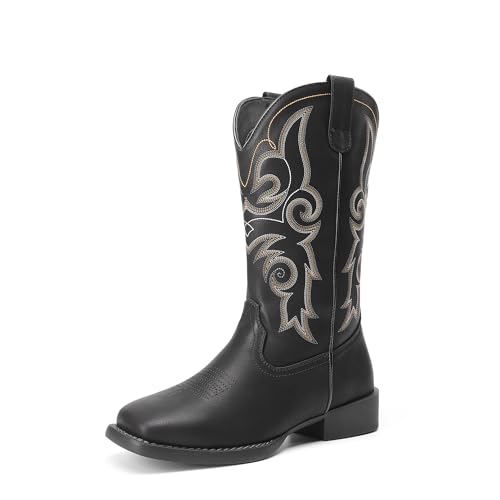 DREAM PAIRS Women's Cowboy Cowgirl Boots Embroidered Square Toe Mid Calf Western Boots Fashion Dress Chunky Low Heel Shoes for Theme Party Country Concert,Size 7.5,Black,DWUMMB2516