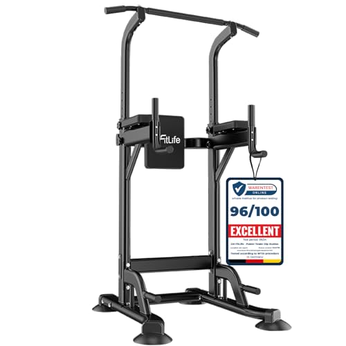 DH FitLife Power Tower Dip Station, Verstelbare Pull Up Bar & Dip Bars, Multifunctioneel Krachtstation met Rugtrainer, Power Rack voor Home Gym, Full Body Fitness & Krachttraining Thuis