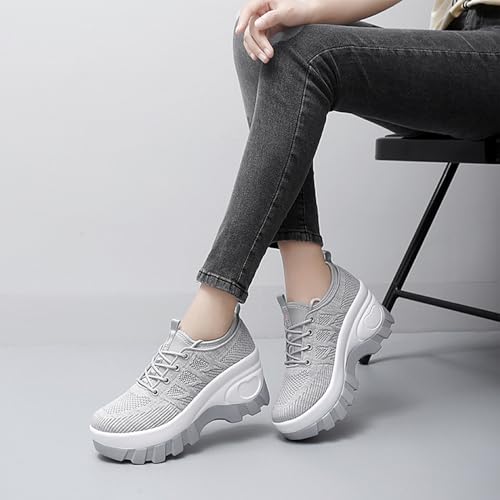 Image of Women's Chunky Platform Comfort Orthopedic Wedge Walking Shoes Fashion Knitted Breathable Lace Up Lug Sole Casual Non-Slip Running Shoes with Arch Support