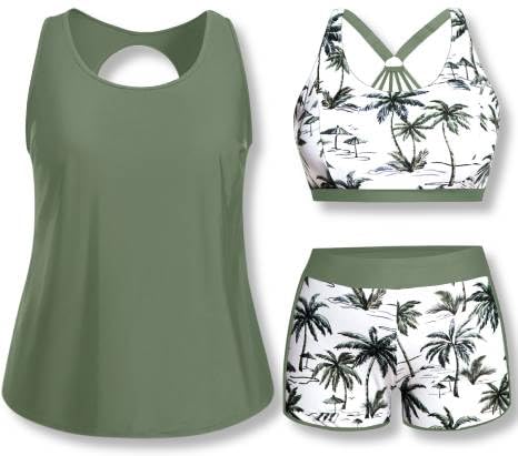 Women Plus Size 3 Piece Tankini Swimsuits Athletic Bathing Suits with Boy Shorts Tank Top with Sports Bra-image-28
