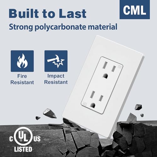 Image of CML Matte White 15 Amp Decorator Wall Receptacle Outlet, 50 Pack Tamper Resistant (TR) Decor Standard Electrical Outlets with Screwless Wall Plate, 15A /125V, 2 Pole 3 Wire, UL Listed, White