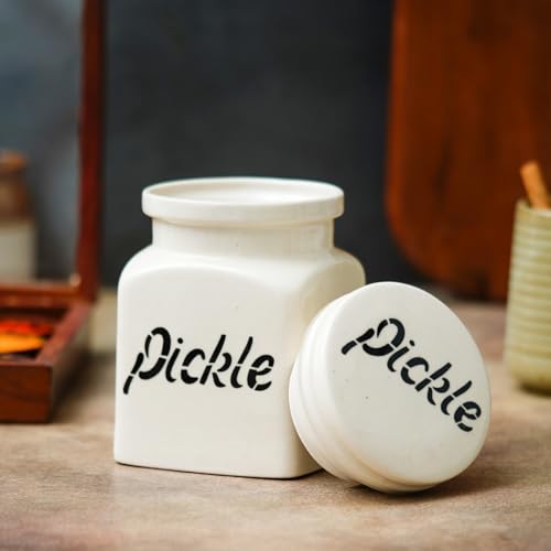 Image of Ceramic Pickle Jar with Lid for Kitchen Storage 750 ml | Ceramic Pickle Container for Achaar, Masala & Spices | Multipurpose Storage Barni Jar | Countertop Food Storage Jar for Kitchen |White
