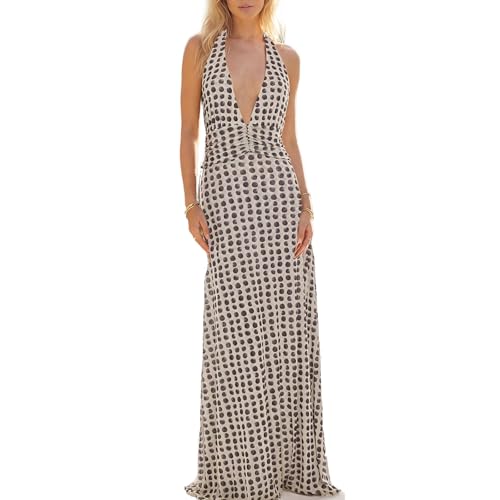 Halter Maxi Dresses for Women Polka Dot Maxi Dress Backless Beach Vacation Long Dresses Bodycon Y2k Summer Tropical Boho Sexy Sundresses 2026 Trendy