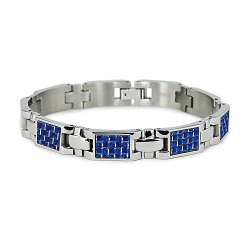 West Coast Jewelry Titanium Men's Link Bracelet with Blue Carbon Fiber Accents (10mm Wide) 7.75 Inches