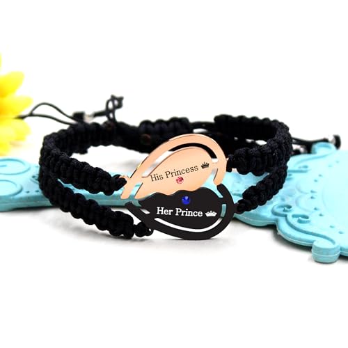 Image of 2pcs Black /Rose Gold Custom Carved Heart-shaped Puzzle Bracelets, Hand Woven Stainless Steel with Zirconia Jewelry for Men and Women, Fashion Couples Promise Bracelets