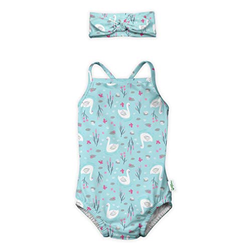 i play. by green sprouts Baby One-Piece Swimsuit with Built-in Reusable Swim Diaper + Headband, Light Aqua Swan, 3T