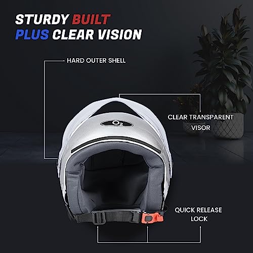 Image of O2 Open Face / Half face Helmet Unisex for Bike Women Men ISI Certified with Clear Visor Smooth Finish Lightweight & Compact (Silver, 540mm Medium)