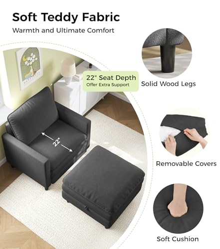 Image of Welzona 3-Layers Cloud Accent Chair with Ottoman, 33 inch Teddy Reading Chair | Comfy Teddy Fabric, Washable Covers, Tool-Free Setup, All-wood Arm Chair and Ottoman Sets for Living Room, Bedroom, Grey