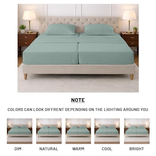 Image of SGI Split King Sheet Set for Adjustable Bed Egyptian Premium Cotton 600 Thread Count Sheets for Sleep Number Bed 15 inch Deep Pocket 5 Pc Set with 2 Twin XL Fitted Sheets Soft Breathable -Aqua Green