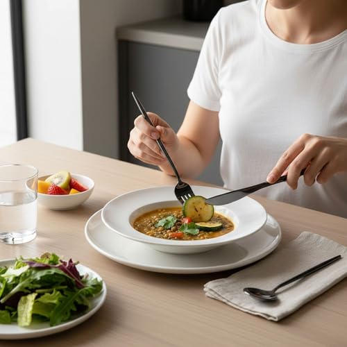 Image of 25 Pcs Black Cutlery Set for Dining Table the Perfect Lightweight Silim Handle Tableware Including Dinner Spoon, Dinner Fork, Dinner Knife, Dessert Spoon & Dessert Fork