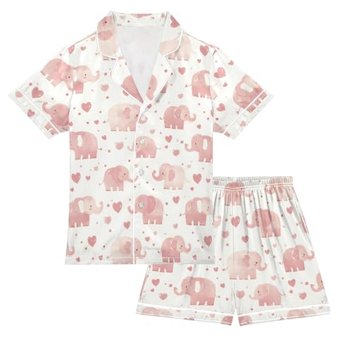 Pink Elephant Hearts Pattern Summer Satin Pajama Set, Cute Button-Down Sleepwear Pj Set for Sleep Wears