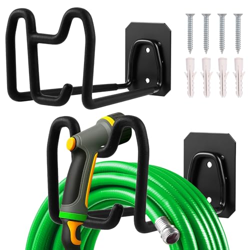 MEEQUE 2 Stück Metall Schlauchhalter, Gartenschlauchhalter Wandhalterung, Gartenschlauch Aufhängung für Wasserschlauch Vakuumschlauch, Verlängerungskabel für Außenhof - Schwarz