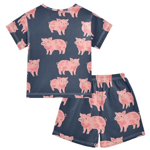 ALAZA Blue Pig Cartoon Pajamas Set Short Sleeve Cotton Sleepwear Summer Pjs 2 Piece 5-14Y2