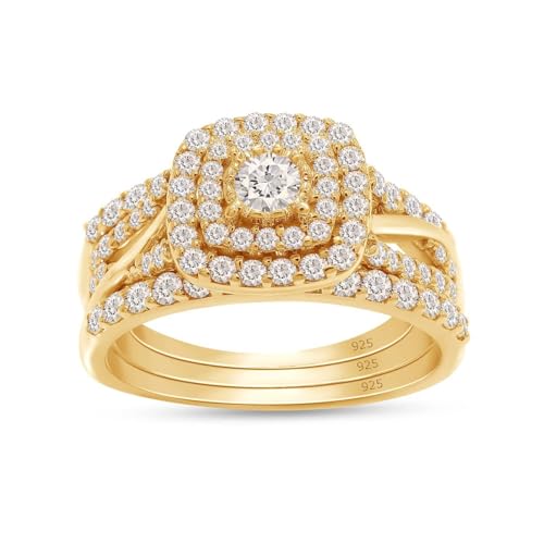 Square Halo Wedding Double Band Set Engagement Ring 14K Gold Plated Sterling Silver 1 Cttw Lab Created Moissanite Promise Eternity Ring for Women (1 Cttw,VVS1 Clarity)