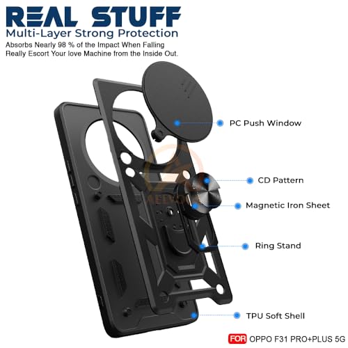 Image of Armor Bumper Back Cover Case for Oppo F31 Pro Plus 5G Rotating Camera Cover, Ring Holder & Kickstand | Heavy Duty & 360 Degree Protection Oppo F31 Pro Plus 5G Back Cover (Black)
