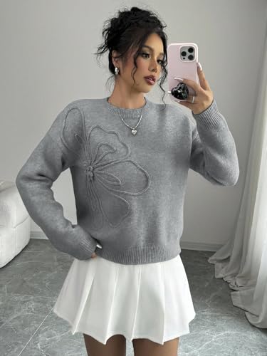 Image of Verdusa Women's Spring 3D Flower Appliques Crewneck Sweaters Long Sleeve Drop Shoulder Pullovers Knit Going Out Tops