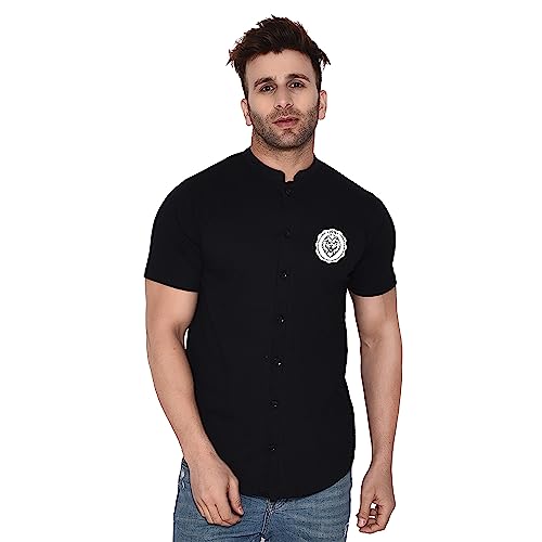 Image of Geum Men's Mandarin Collar Shirt with Graphic Print| Short Sleeve Cotton Blend Slim Fit Casual Shirt for Men