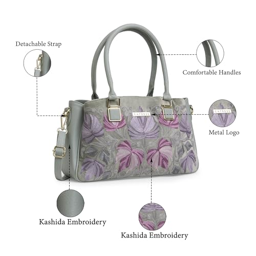 Image of Caprese Siji Tresana Large Satchel Bag for Women | Kashida Embroidery Handbag with Adjustable & Detachable Strap & 3 Spacious Compartments | Stylish Handheld Bag for Work, Travel & Everyday Use