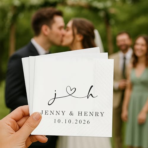 Image of Personalized Cocktail Napkins Wedding, Cheer Mr Mrs Name Couple, Pack 50 100 150 300 500 Anniversary Party, Disposable Decoration Initials Beverage Bar Reception Cocktail Luncheon Dinner, Golden 1