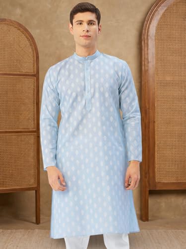 Image of Jompers Men Sky and White Floral Printed Kurtas (Sky, 4XL)