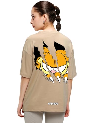 Image of Bewakoof X Garfield Garfield Women's 100% Cotton Graphic Print Oversized Fit Half Sleeve V-Neck T-Shirt | Casual wear | Streetwear | Oversized Tshirt for Woman Cotton| Baggy
