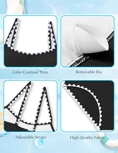 Image of Girls Swimsuit Solid Color Tankini Contrast Trim Swimwear 2 Piece Bathing Suit Padded Swimsuits for Teens 9-16Y