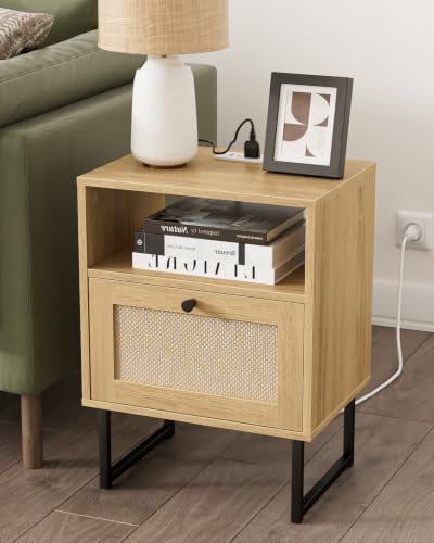 Image of Masupu Rattan Nightstand with Charging Station, Modern Boho Farmhouse Wood Bedside Table with Storage Drawer and Open Shelf, Side End Table for Bedroom, Office (Natural)