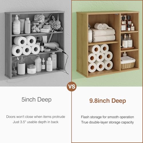 Image of FiveWillowise Fluted Bathroom Wall Cabinet, Small Medicine Wall Cabinet with Doors and Adjustable Shelves, Kitchen Wall Mounted Storage Cabinet, Floating Space Saver Over Toilet, Natural