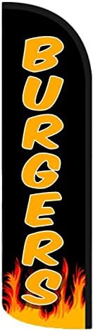Burgers (Black) Windless Feather Swooper Flag Banner Kit: 14' Pole Set, Safety Orange Stake