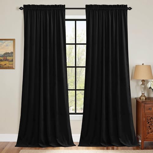 StangH Blackout Velvet Curtains 96 Inches Long, Super Soft Black Thermal Insulated Window Drapes Thick Heavy Duty Soundproof Panels for Media Room Bedroom,W52 x L96,2 Panels